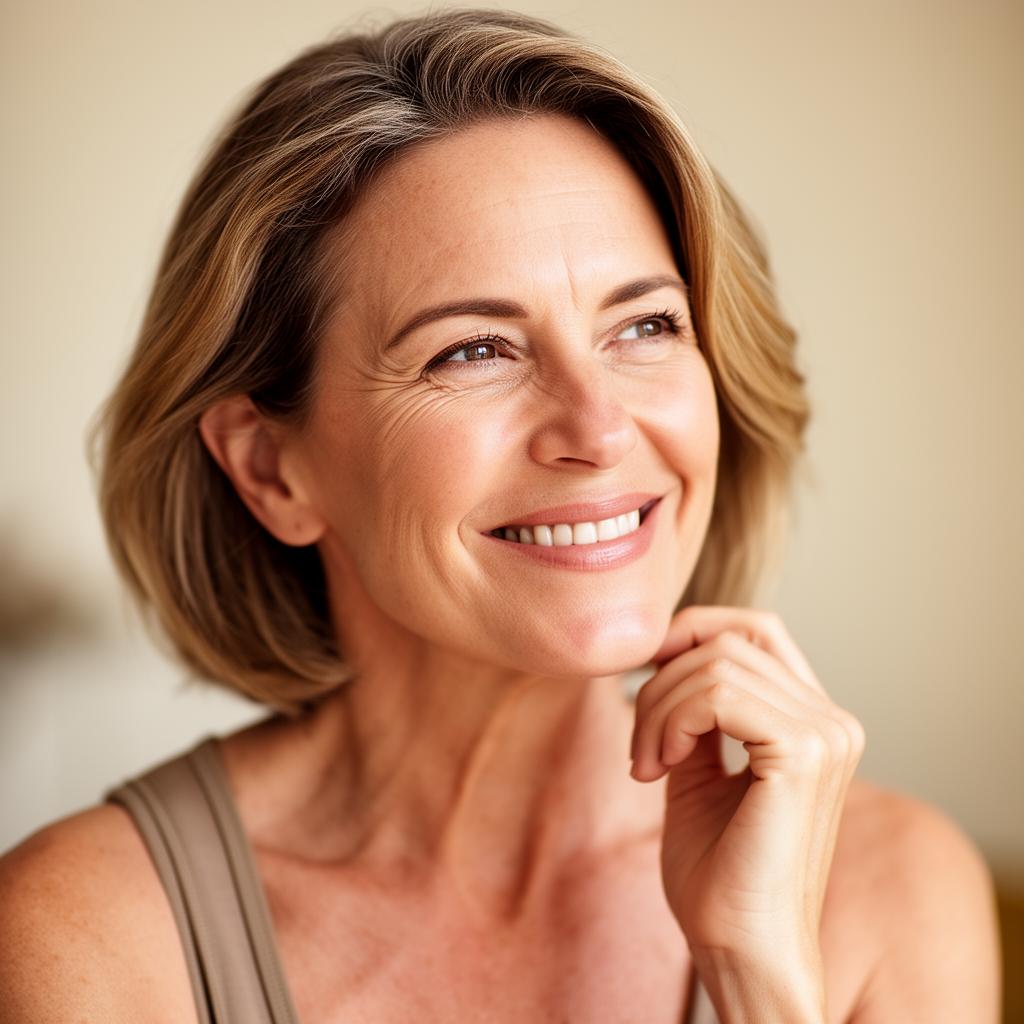 A confident middle-aged woman smiling, representing women in the Flourish Hormone & Vitality Program